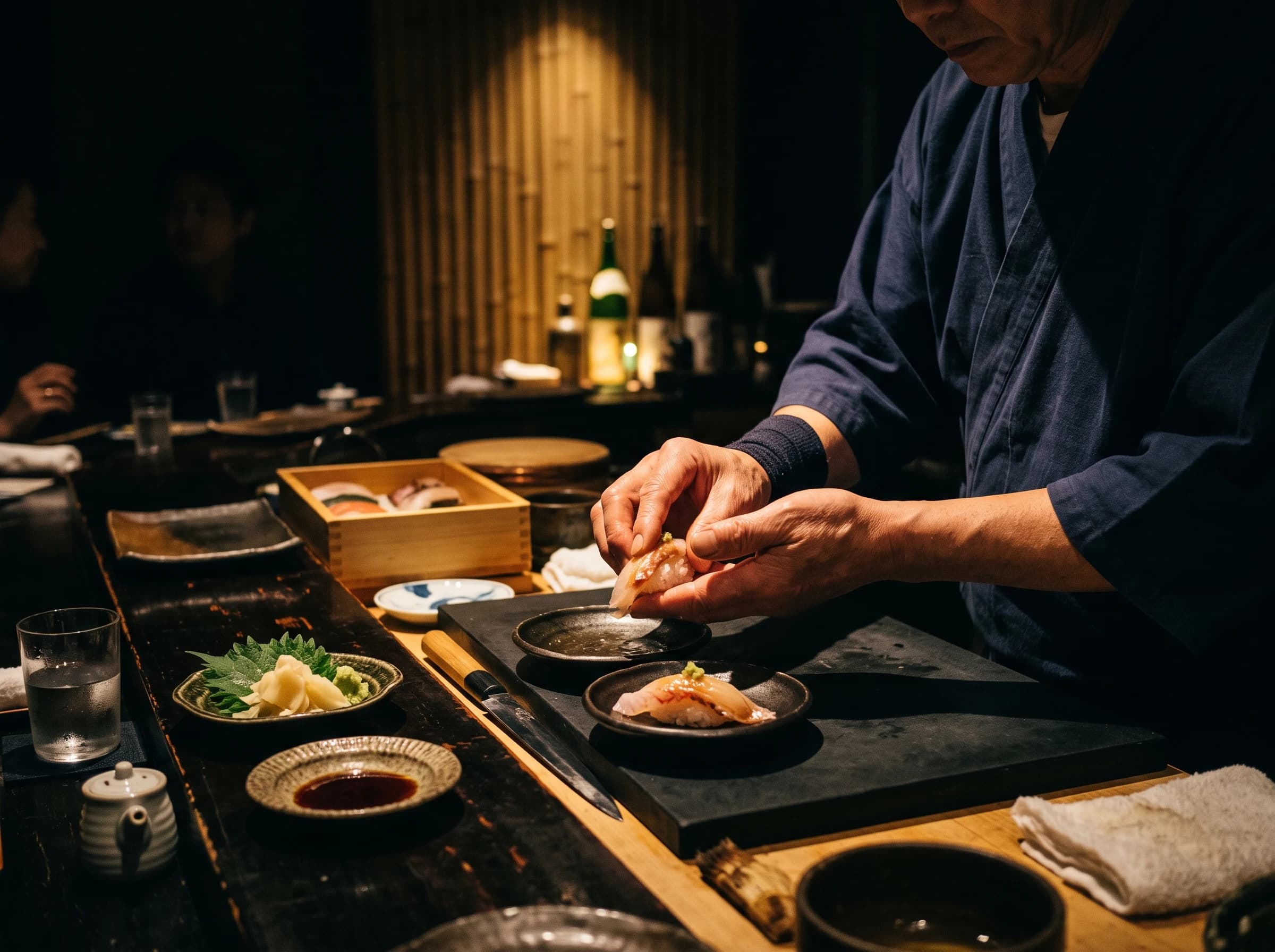 棟内で寿司職人が握る旬の一貫